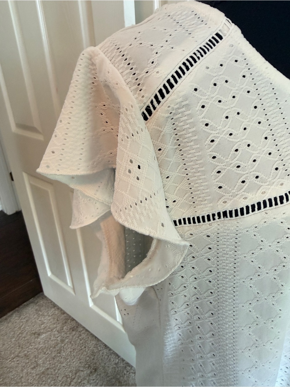 Adrienne Vittadini White Eyelet Ladder-Trim Flutter Top - Picture 4 of 7